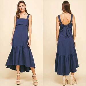 Pinch Womens Ruffled Tiered Hi-Lo‎ Maxi Dress Size Medium Navy Blue Boho Cottage